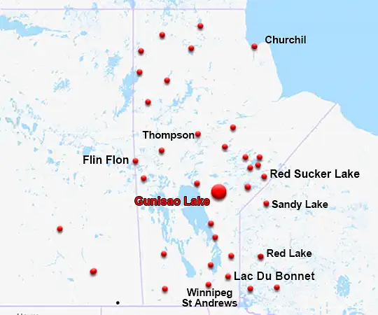 Map showing the location of Gunisao Lake Lodge in Manitoba